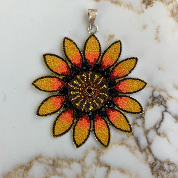 Spring Bohemian Sunflower Sterling Silver Pendant and Earrings Set - Picture 3 of 4